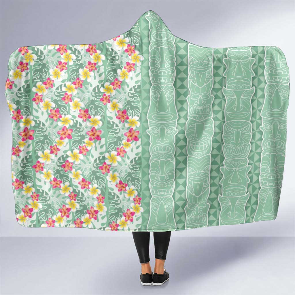 Menthol Green Aloha Hawaii Tiki Hooded Blanket Tropical Plumeria - Seamless Style