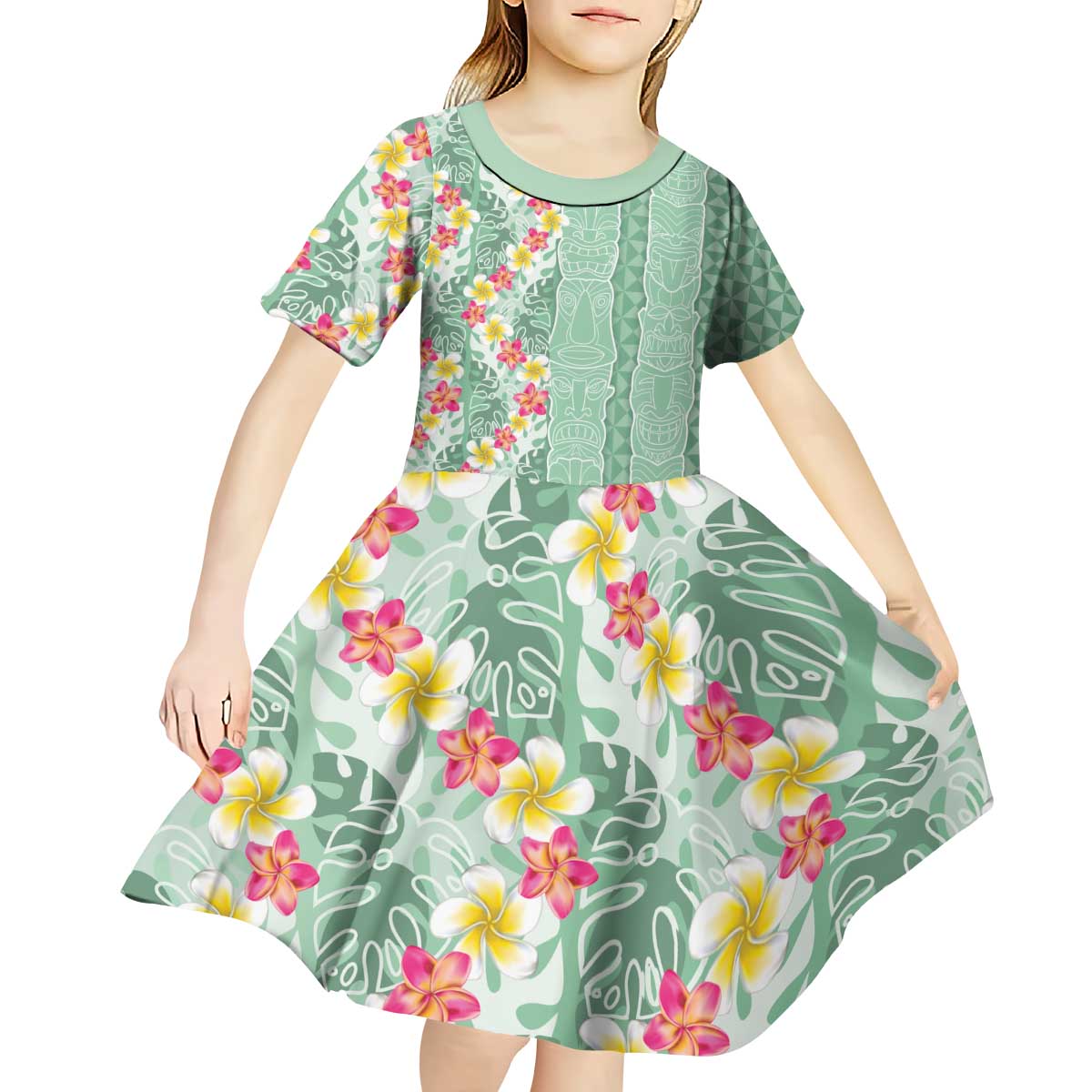 Menthol Green Aloha Hawaii Tiki Kid Short Sleeve Dress Tropical Plumeria - Seamless Style