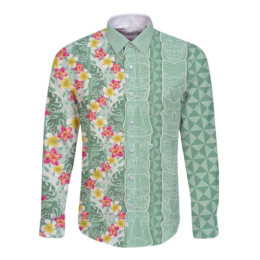 Menthol Green Aloha Hawaii Tiki Long Sleeve Button Shirt Tropical Plumeria - Seamless Style