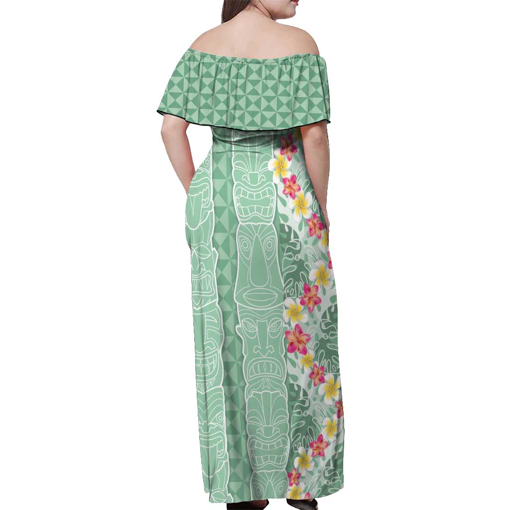 Menthol Green Aloha Hawaii Tiki Off Shoulder Maxi Dress Tropical Plumeria - Seamless Style
