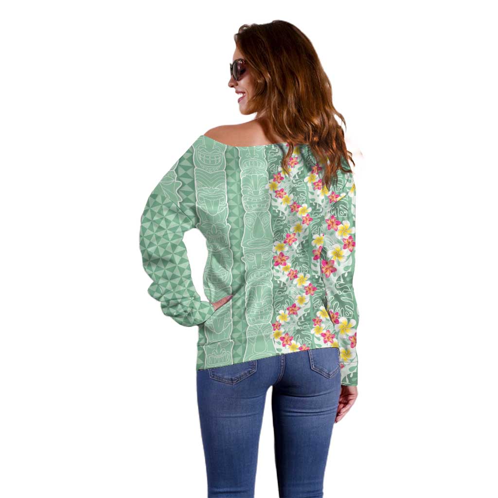 Menthol Green Aloha Hawaii Tiki Off Shoulder Sweater Tropical Plumeria - Seamless Style