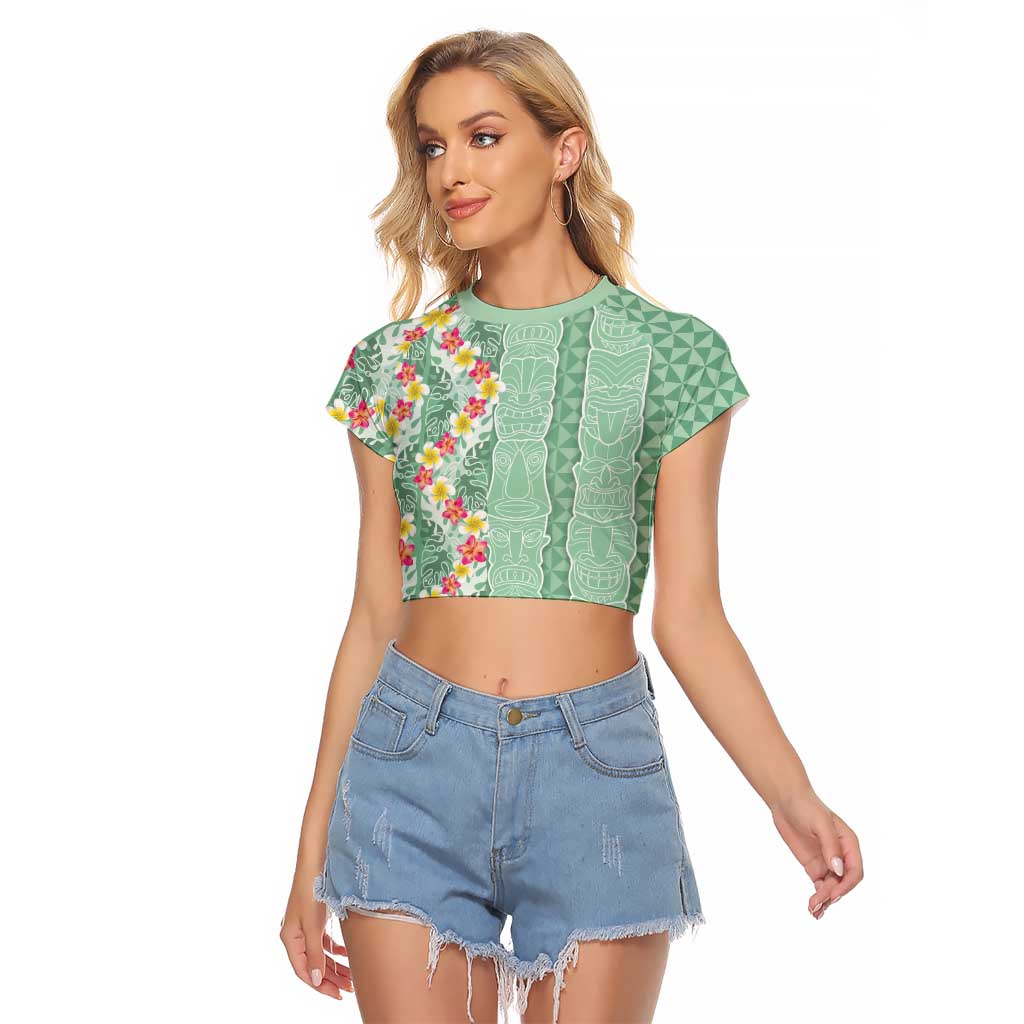 Menthol Green Aloha Hawaii Tiki Raglan Cropped T Shirt Tropical Plumeria - Seamless Style