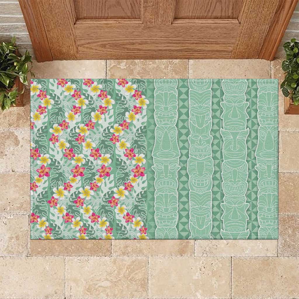 Menthol Green Aloha Hawaii Tiki Rubber Doormat Tropical Plumeria - Seamless Style