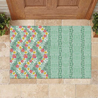Menthol Green Aloha Hawaii Tiki Rubber Doormat Tropical Plumeria - Seamless Style