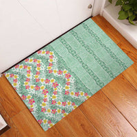 Menthol Green Aloha Hawaii Tiki Rubber Doormat Tropical Plumeria - Seamless Style