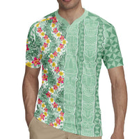 Menthol Green Aloha Hawaii Tiki Rugby Jersey Tropical Plumeria - Seamless Style