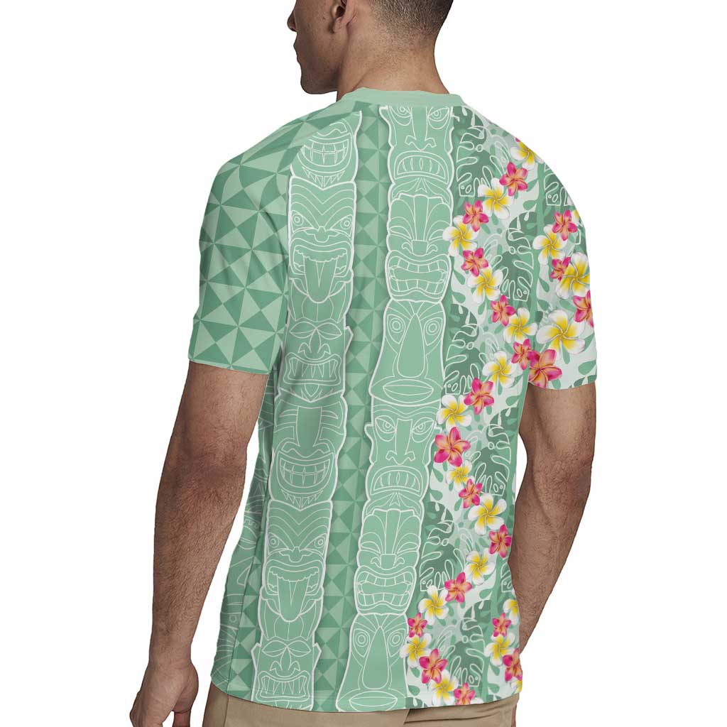Menthol Green Aloha Hawaii Tiki Rugby Jersey Tropical Plumeria - Seamless Style