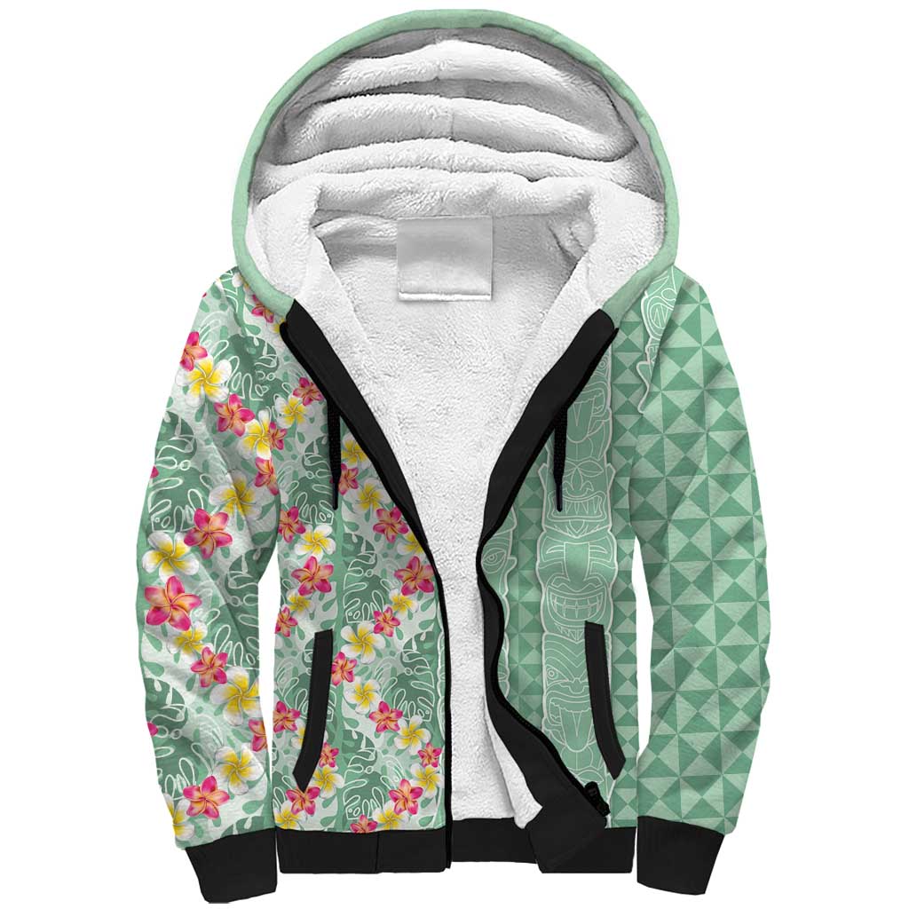 Menthol Green Aloha Hawaii Tiki Sherpa Hoodie Tropical Plumeria - Seamless Style