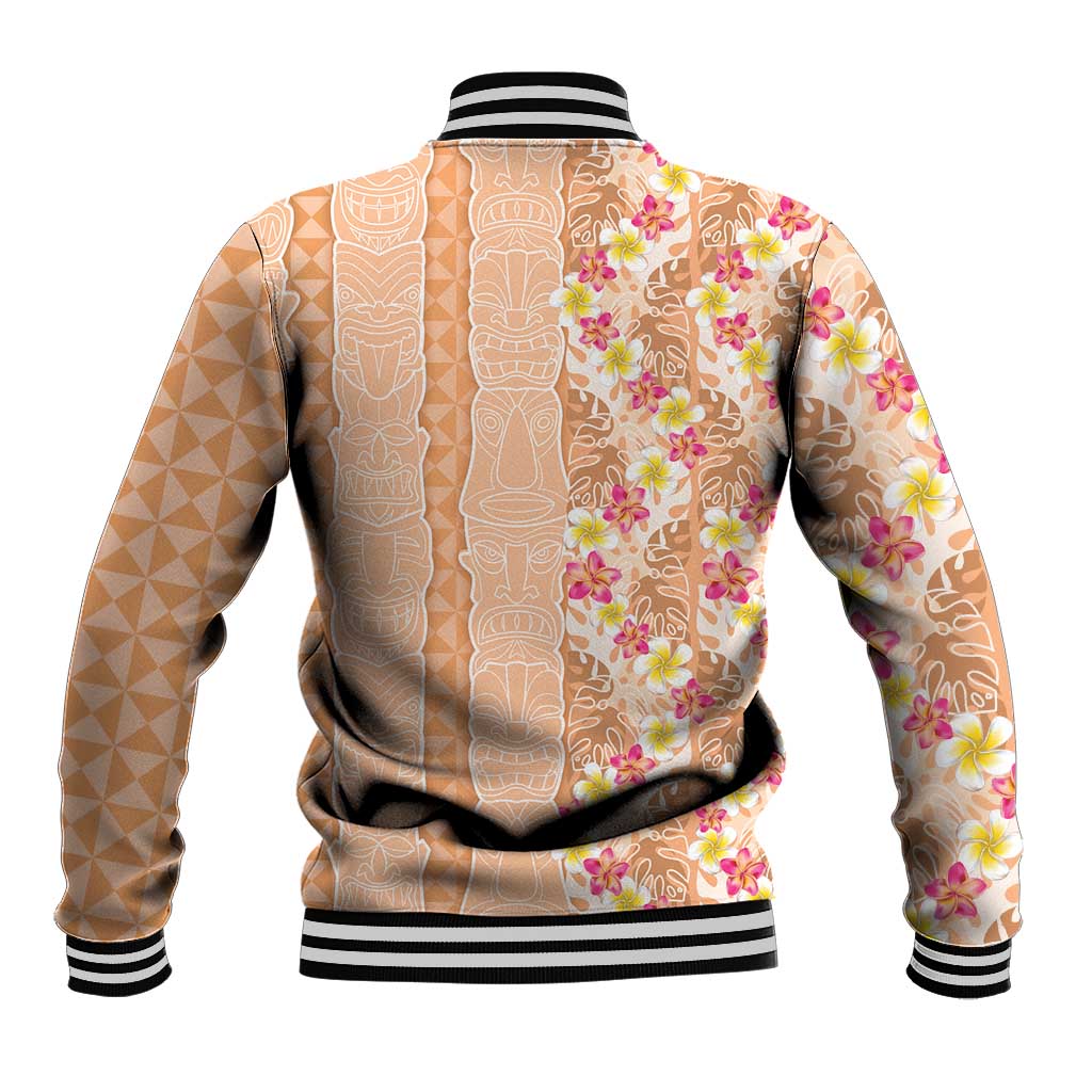 Orange Chiffon Aloha Hawaii Tiki Baseball Jacket Tropical Plumeria - Seamless Style