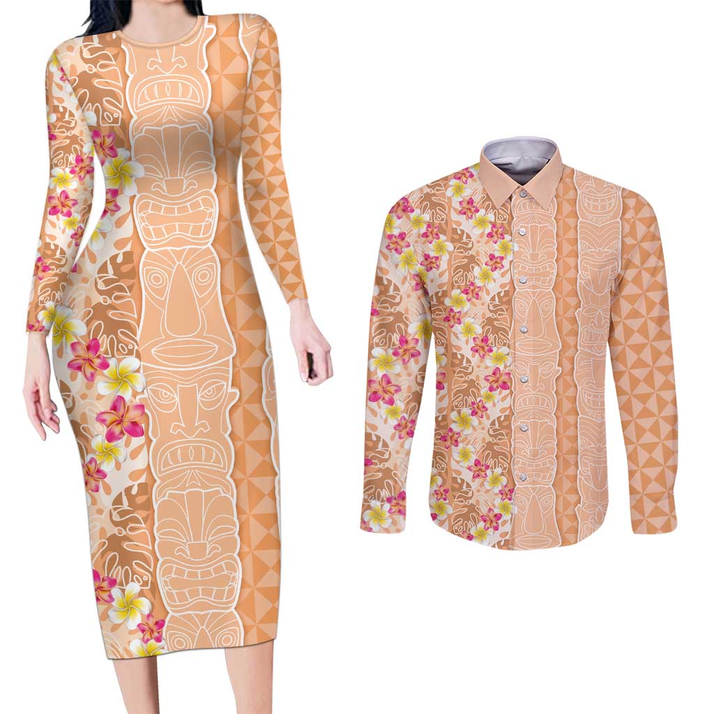 Orange Chiffon Aloha Hawaii Tiki Couples Matching Long Sleeve Bodycon Dress and Long Sleeve Button Shirt Tropical Plumeria - Seamless Style