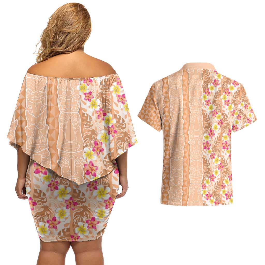 Orange Chiffon Aloha Hawaii Tiki Couples Matching Off Shoulder Short Dress and Hawaiian Shirt Tropical Plumeria - Seamless Style