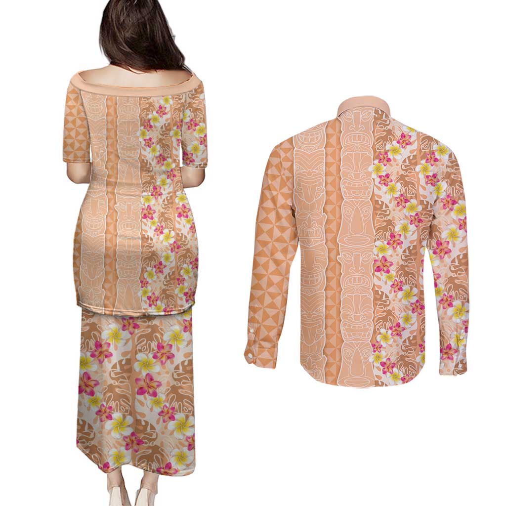Orange Chiffon Aloha Hawaii Tiki Couples Matching Puletasi and Long Sleeve Button Shirt Tropical Plumeria - Seamless Style