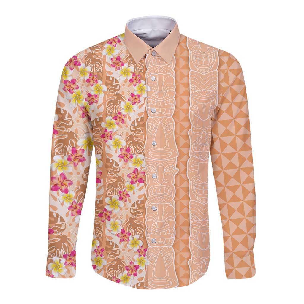 Orange Chiffon Aloha Hawaii Tiki Long Sleeve Button Shirt Tropical Plumeria - Seamless Style