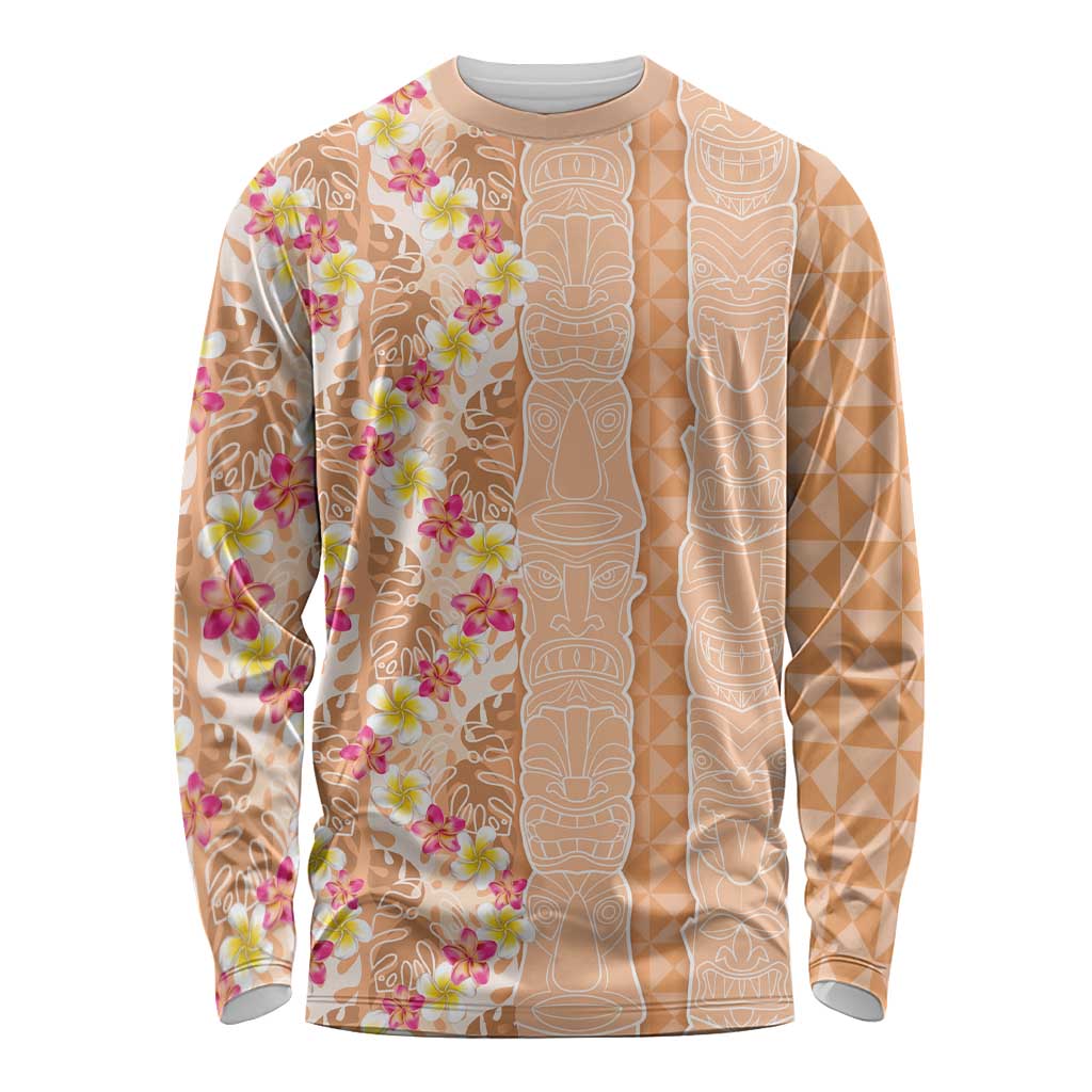 Orange Chiffon Aloha Hawaii Tiki Long Sleeve Shirt Tropical Plumeria - Seamless Style