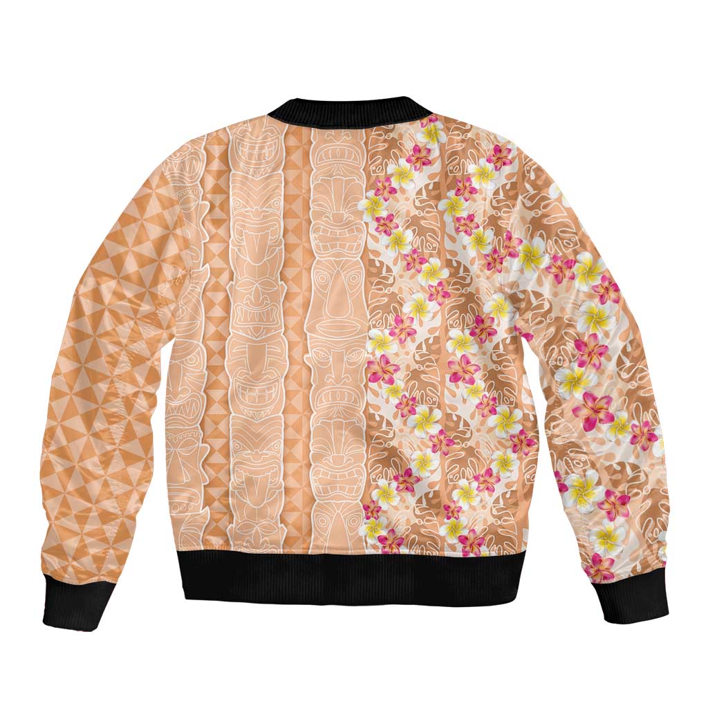 Orange Chiffon Aloha Hawaii Tiki Sleeve Zip Bomber Jacket Tropical Plumeria - Seamless Style