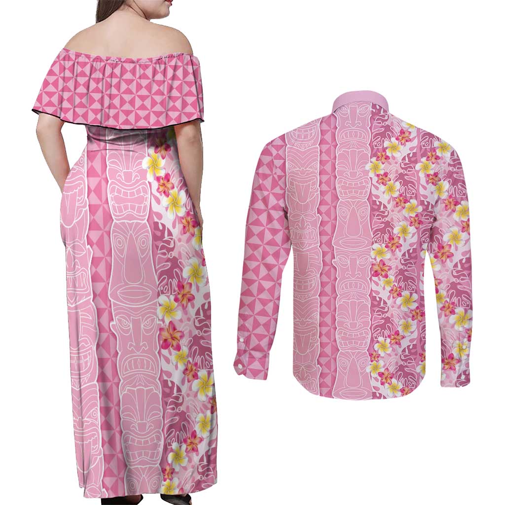 Pastel Magenta Aloha Hawaii Tiki Couples Matching Off Shoulder Maxi Dress and Long Sleeve Button Shirt Tropical Plumeria - Seamless Style