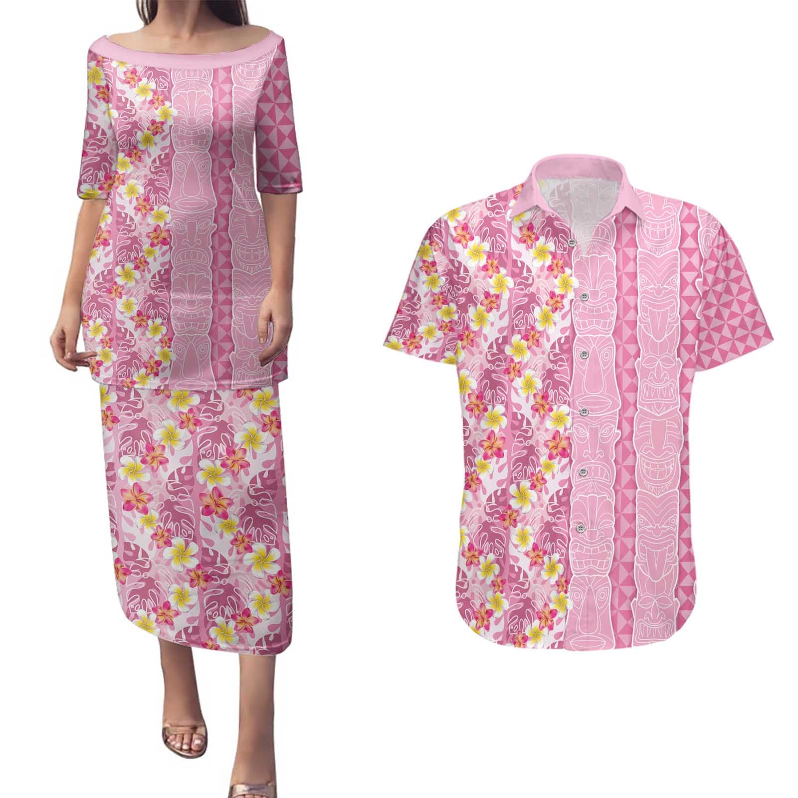 Pastel Magenta Aloha Hawaii Tiki Couples Matching Puletasi and Hawaiian Shirt Tropical Plumeria - Seamless Style