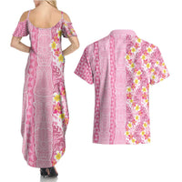 Pastel Magenta Aloha Hawaii Tiki Couples Matching Summer Maxi Dress and Hawaiian Shirt Tropical Plumeria - Seamless Style