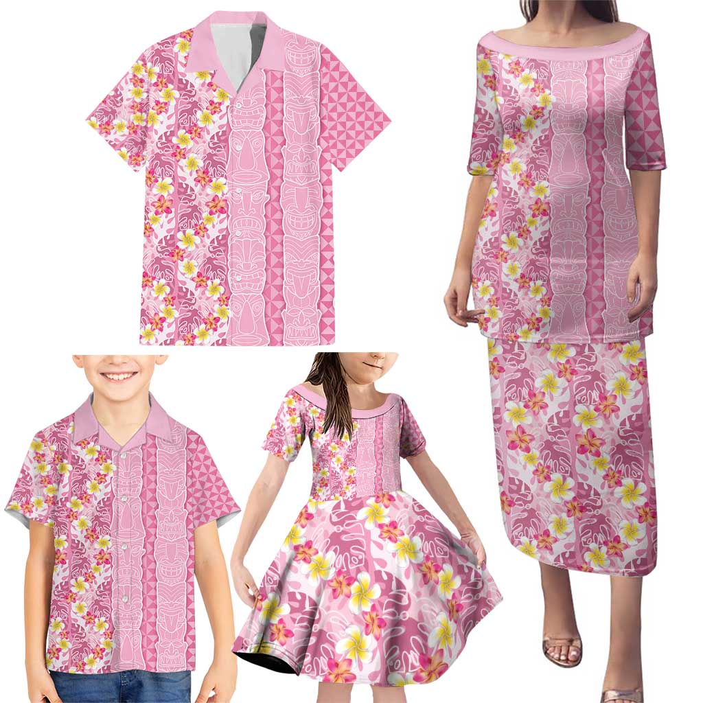 Pastel Magenta Aloha Hawaii Tiki Family Matching Puletasi and Hawaiian Shirt Tropical Plumeria - Seamless Style