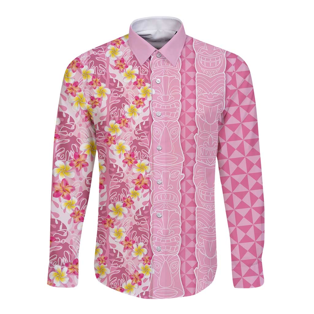 Pastel Magenta Aloha Hawaii Tiki Long Sleeve Button Shirt Tropical Plumeria - Seamless Style