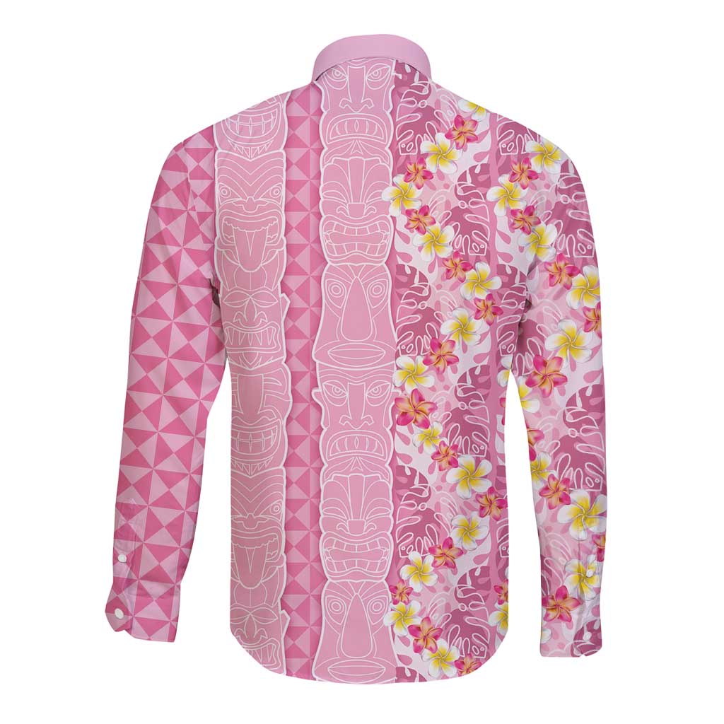 Pastel Magenta Aloha Hawaii Tiki Long Sleeve Button Shirt Tropical Plumeria - Seamless Style