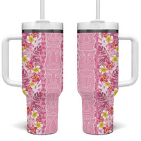 Pastel Magenta Aloha Hawaii Tiki Tumbler With Handle Tropical Plumeria - Seamless Style