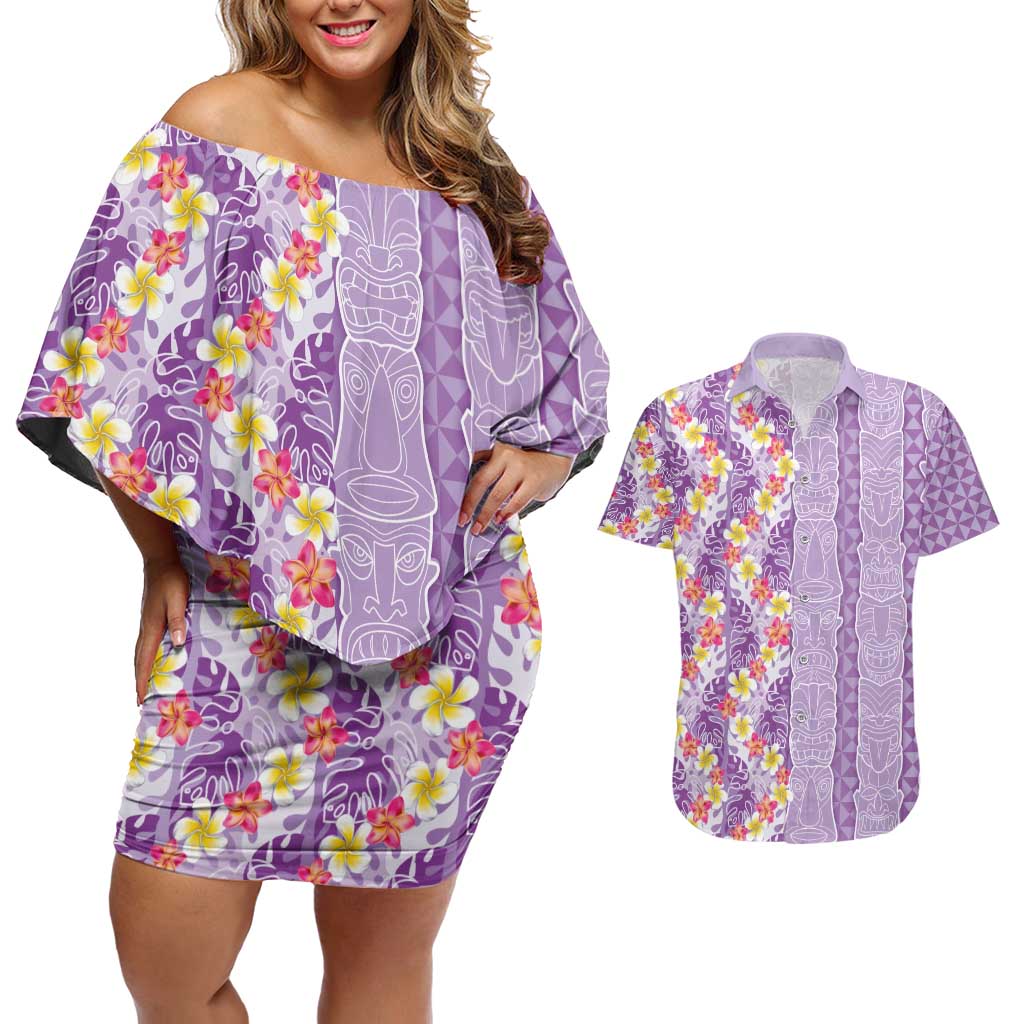 Lush Lilac Aloha Hawaii Tiki Couples Matching Off Shoulder Short Dress and Hawaiian Shirt Tropical Plumeria - Seamless Style