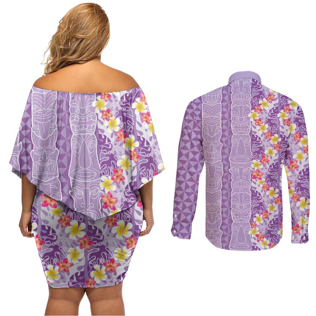 Lush Lilac Aloha Hawaii Tiki Couples Matching Off Shoulder Short Dress and Long Sleeve Button Shirt Tropical Plumeria - Seamless Style