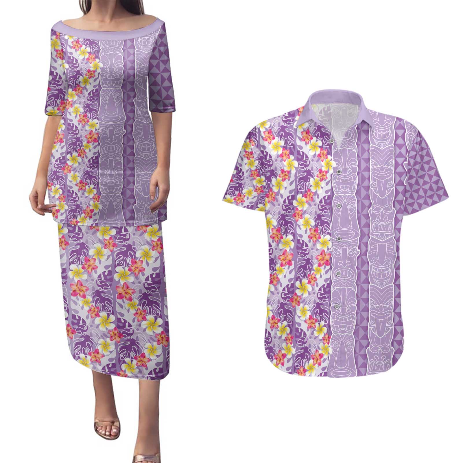 Lush Lilac Aloha Hawaii Tiki Couples Matching Puletasi and Hawaiian Shirt Tropical Plumeria - Seamless Style