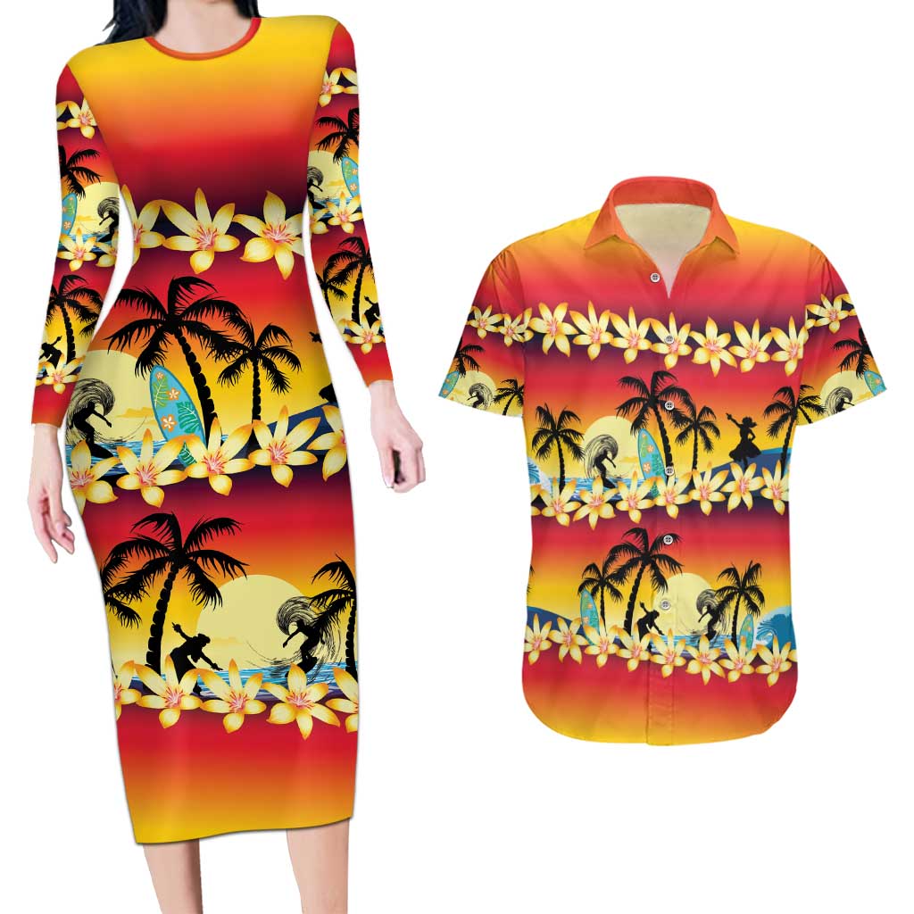 Tropical Islands Sunset Hawaii Couples Matching Long Sleeve Bodycon Dress and Hawaiian Shirt Go Surfing With Hula Girl - Summer Vibes