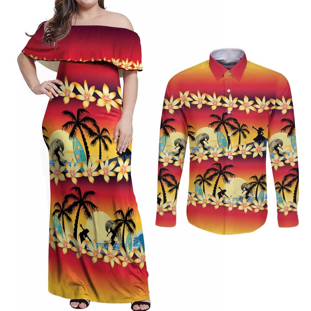 Tropical Islands Sunset Hawaii Couples Matching Off Shoulder Maxi Dress and Long Sleeve Button Shirt Go Surfing With Hula Girl - Summer Vibes LT14 Red - Polynesian Pride