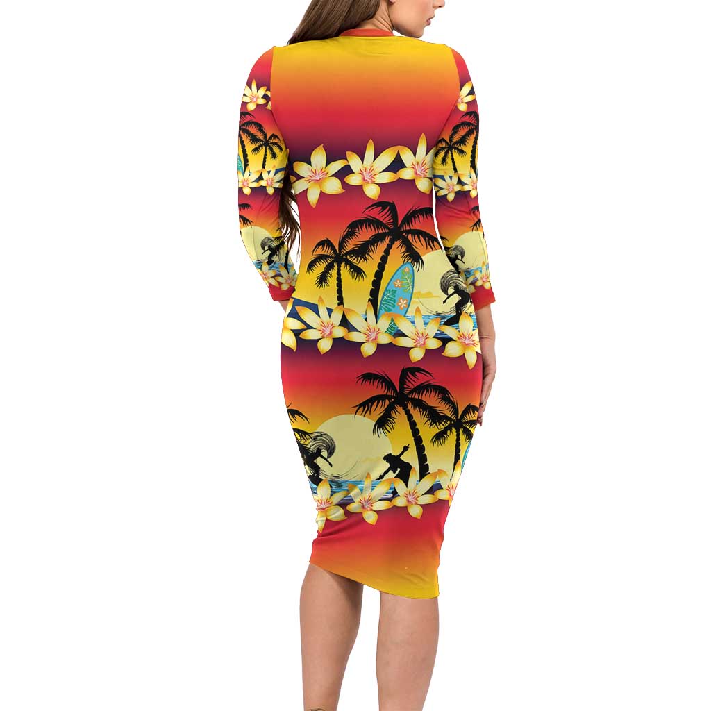 Tropical Islands Sunset Hawaii Family Matching Long Sleeve Bodycon Dress and Hawaiian Shirt Go Surfing With Hula Girl - Summer Vibes LT14 - Polynesian Pride