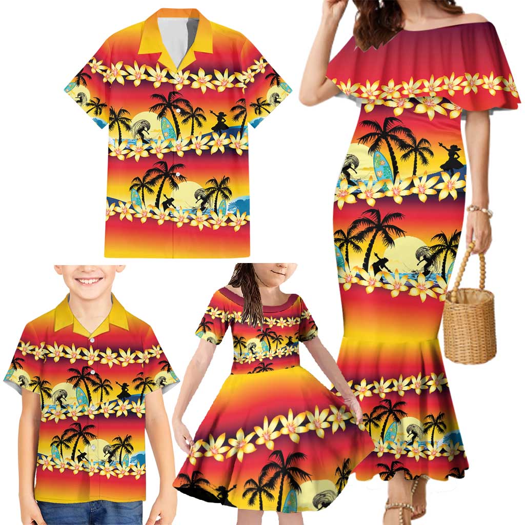Tropical Islands Sunset Hawaii Family Matching Mermaid Dress and Hawaiian Shirt Go Surfing With Hula Girl - Summer Vibes LT14 - Polynesian Pride