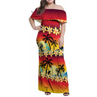 Tropical Islands Sunset Hawaii Family Matching Off Shoulder Maxi Dress and Hawaiian Shirt Go Surfing With Hula Girl - Summer Vibes LT14 Mom's Dress Red - Polynesian Pride