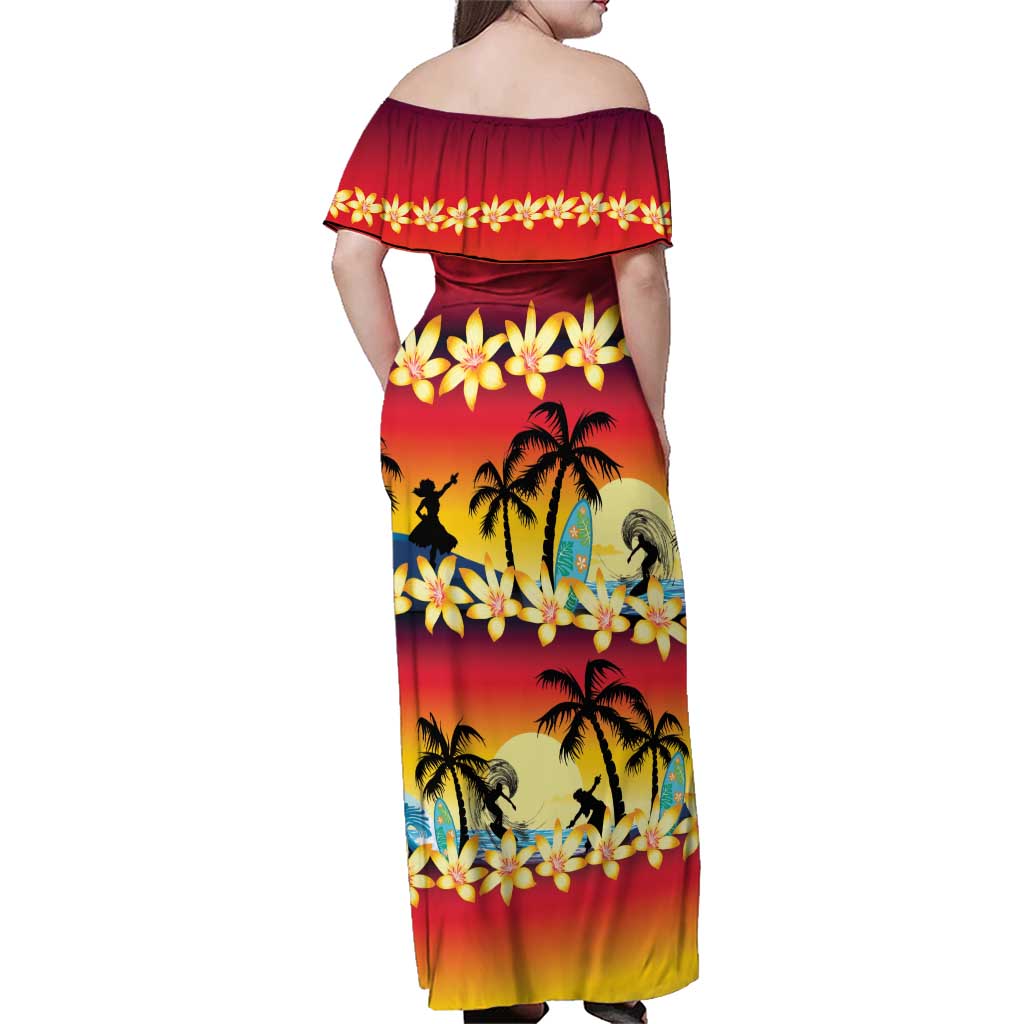 Tropical Islands Sunset Hawaii Family Matching Off Shoulder Maxi Dress and Hawaiian Shirt Go Surfing With Hula Girl - Summer Vibes LT14 - Polynesian Pride