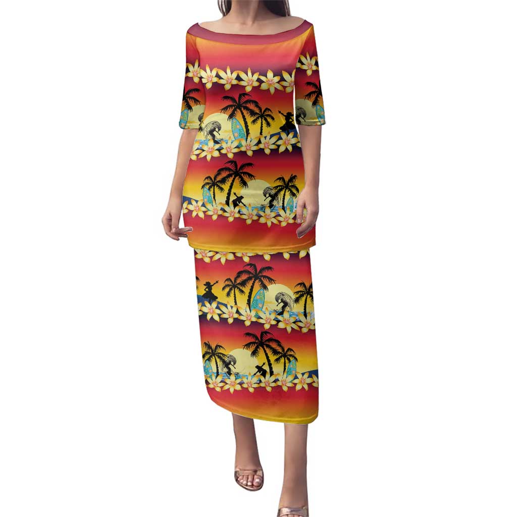 Tropical Islands Sunset Hawaii Family Matching Puletasi and Hawaiian Shirt Go Surfing With Hula Girl - Summer Vibes LT14 Mom's Dress Red - Polynesian Pride