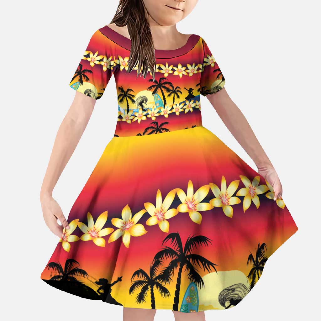Tropical Islands Sunset Hawaii Family Matching Short Sleeve Bodycon Dress and Hawaiian Shirt Go Surfing With Hula Girl - Summer Vibes LT14 Daughter's Dress Red - Polynesian Pride