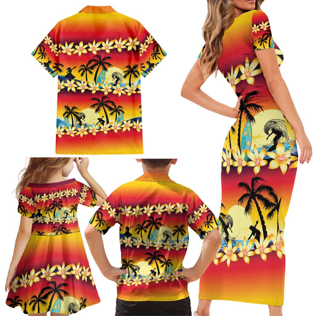 Tropical Islands Sunset Hawaii Family Matching Short Sleeve Bodycon Dress and Hawaiian Shirt Go Surfing With Hula Girl - Summer Vibes LT14 - Polynesian Pride