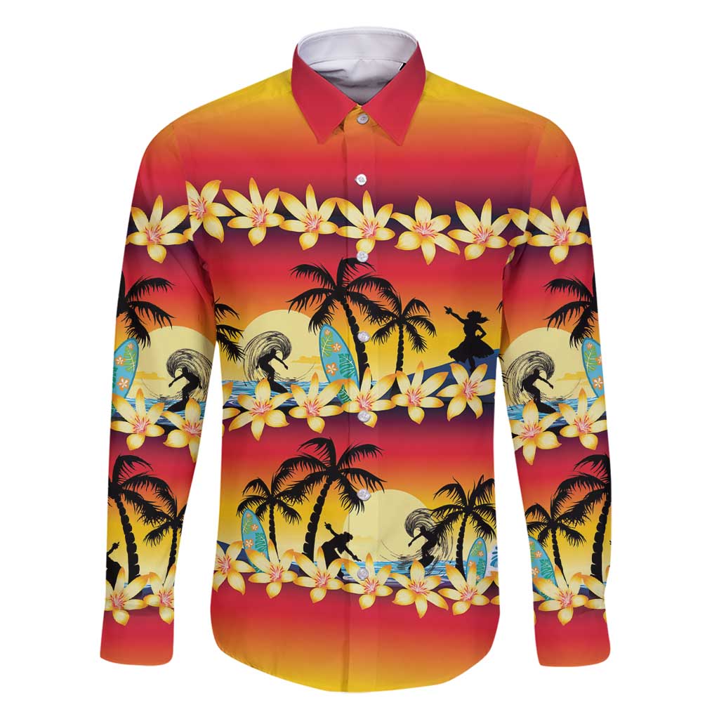 Tropical Islands Sunset Hawaii Family Matching Tank Maxi Dress and Hawaiian Shirt Go Surfing With Hula Girl - Summer Vibes LT14 Dad's Shirt - Long Sleeve Red - Polynesian Pride