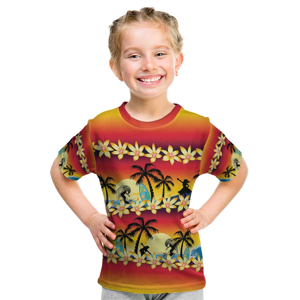 Tropical Islands Sunset Hawaii Kid T Shirt Go Surfing With Hula Girl - Summer Vibes LT14 Red - Polynesian Pride