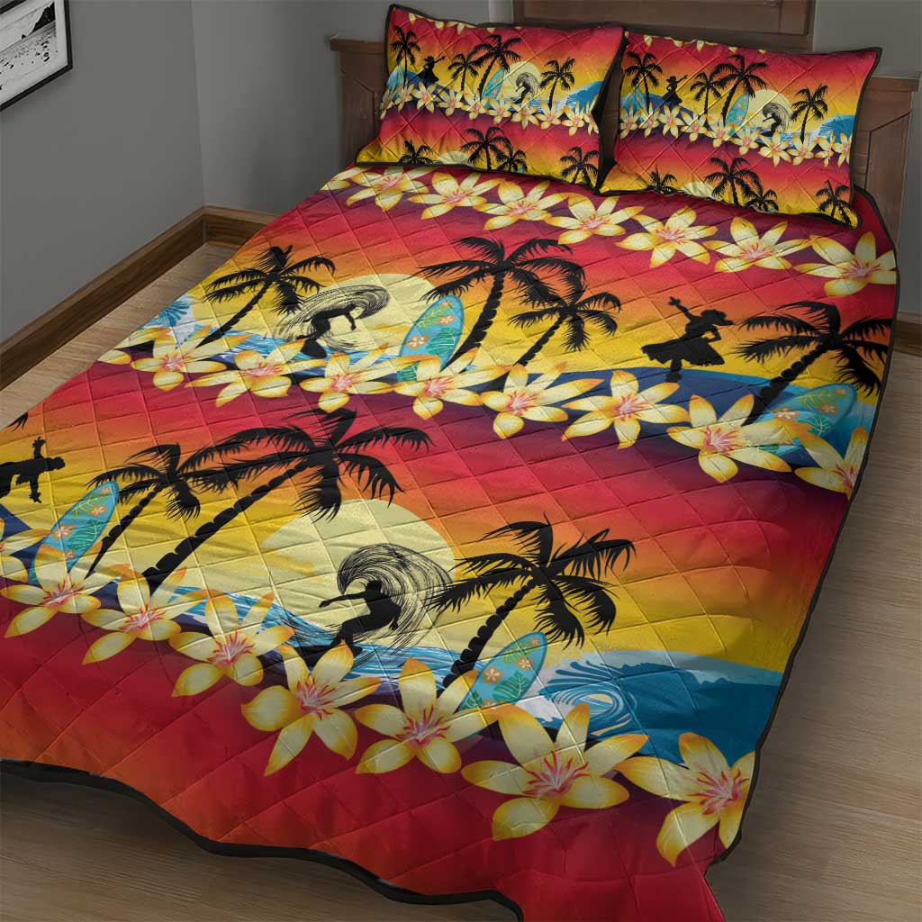Tropical Islands Sunset Hawaii Quilt Bed Set Go Surfing With Hula Girl - Summer Vibes