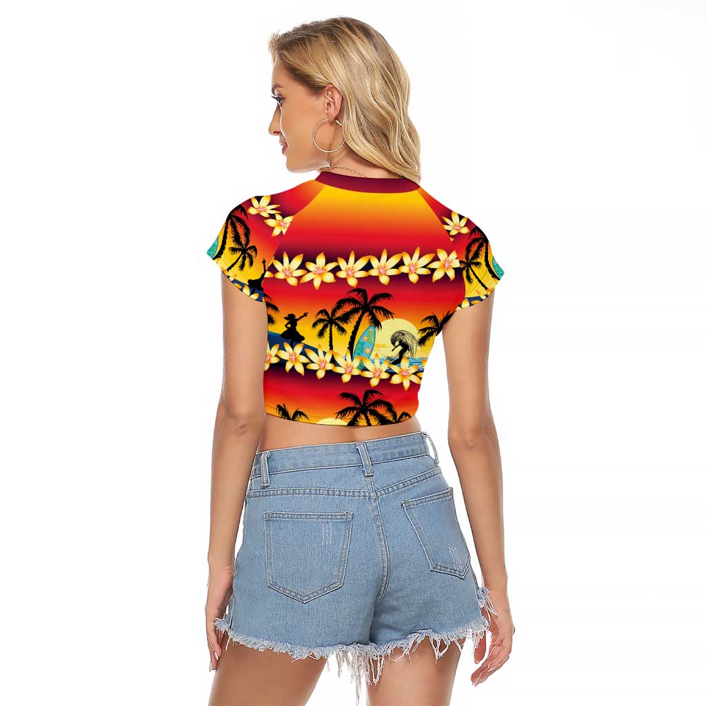 Tropical Islands Sunset Hawaii Raglan Cropped T Shirt Go Surfing With Hula Girl - Summer Vibes LT14 - Polynesian Pride