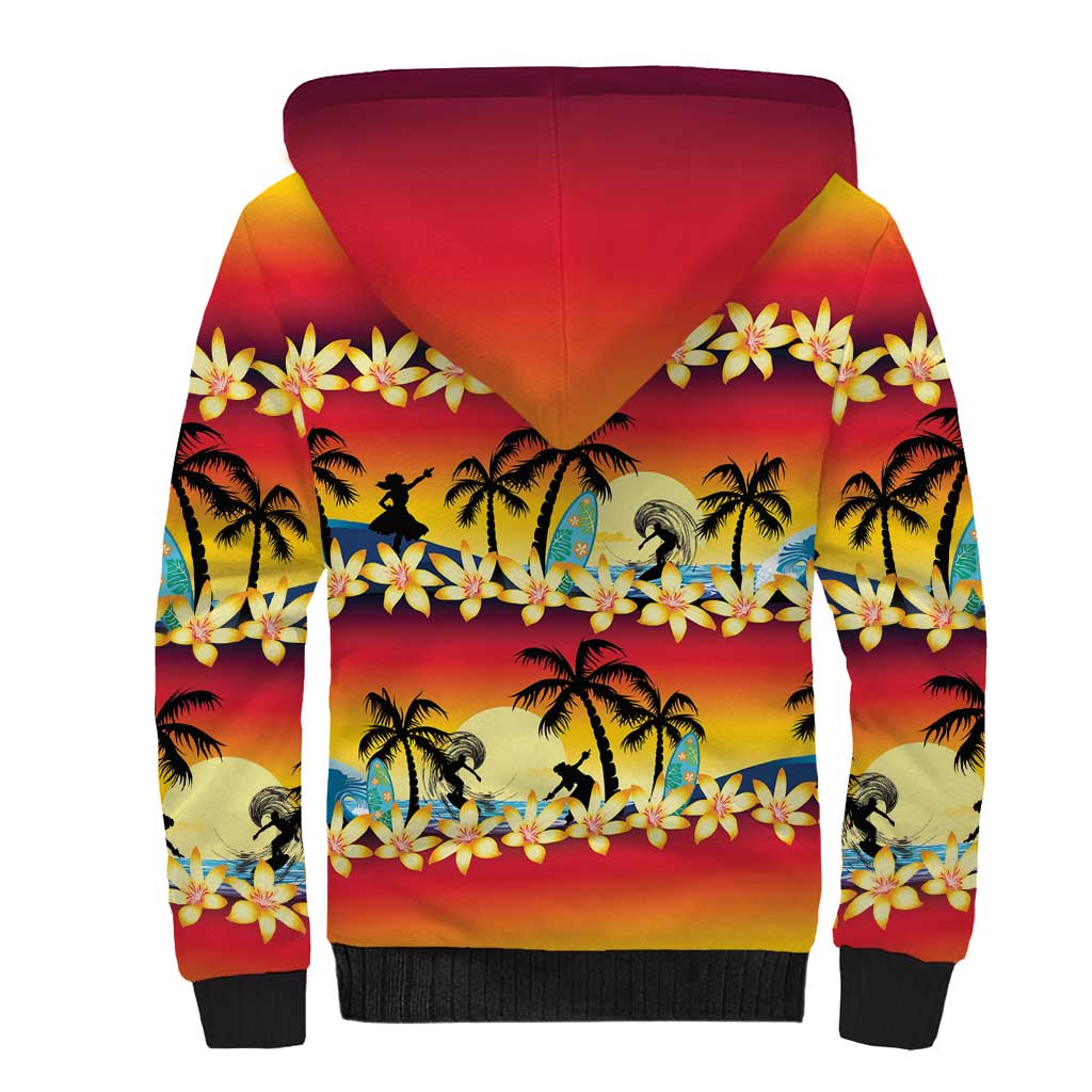 Tropical Islands Sunset Hawaii Sherpa Hoodie Go Surfing With Hula Girl - Summer Vibes LT14 - Polynesian Pride