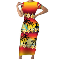 Tropical Islands Sunset Hawaii Short Sleeve Bodycon Dress Go Surfing With Hula Girl - Summer Vibes LT14 Long Dress Red - Polynesian Pride