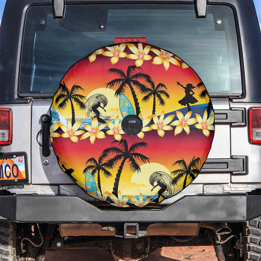 Tropical Islands Sunset Hawaii Spare Tire Cover Go Surfing With Hula Girl - Summer Vibes