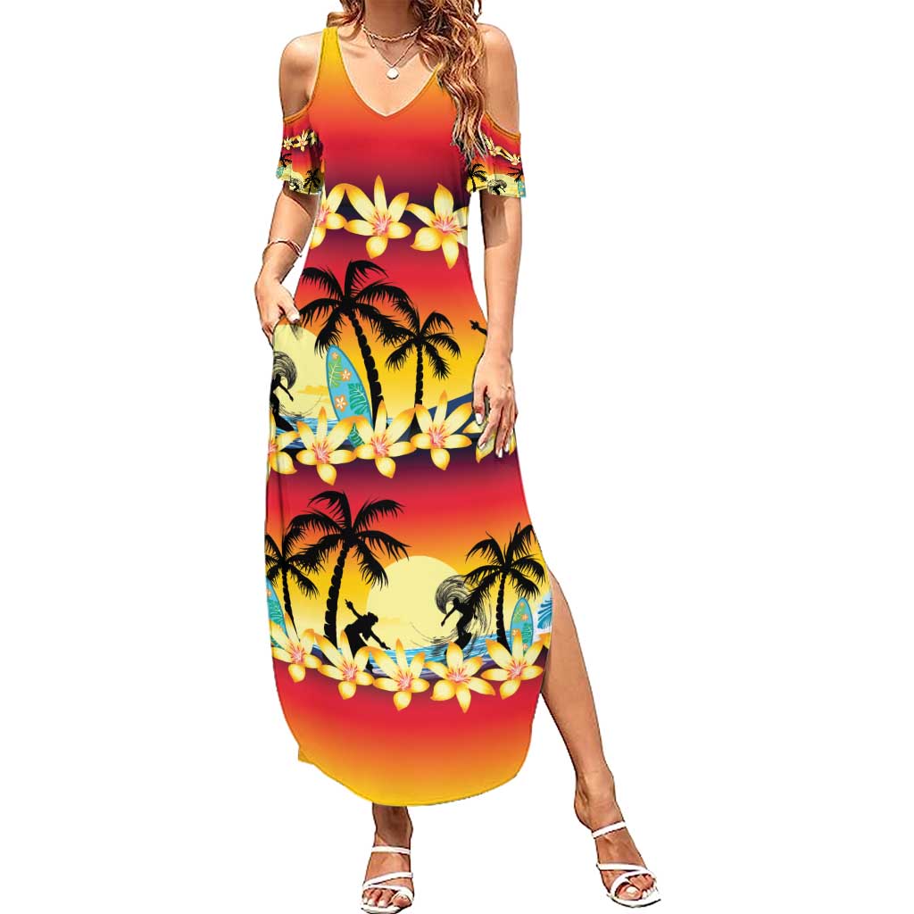 Tropical Islands Sunset Hawaii Summer Maxi Dress Go Surfing With Hula Girl - Summer Vibes LT14 Women Red - Polynesian Pride
