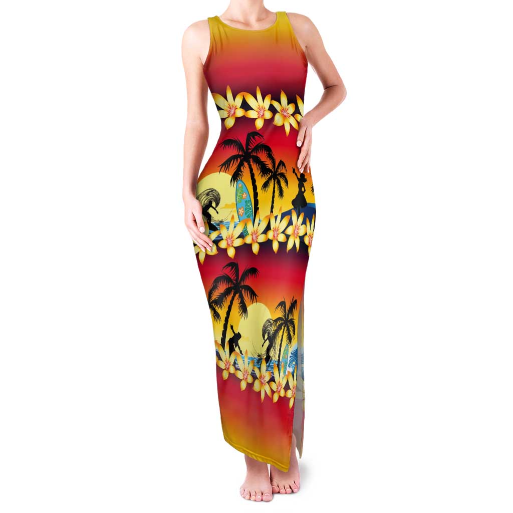 Tropical Islands Sunset Hawaii Tank Maxi Dress Go Surfing With Hula Girl - Summer Vibes LT14 Women Red - Polynesian Pride