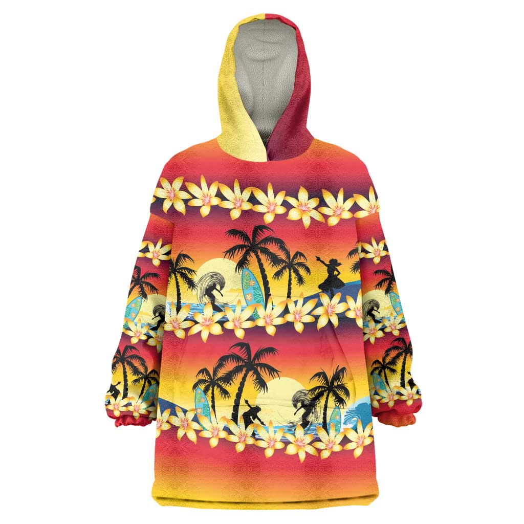 Tropical Islands Sunset Hawaii Wearable Blanket Hoodie Go Surfing With Hula Girl - Summer Vibes