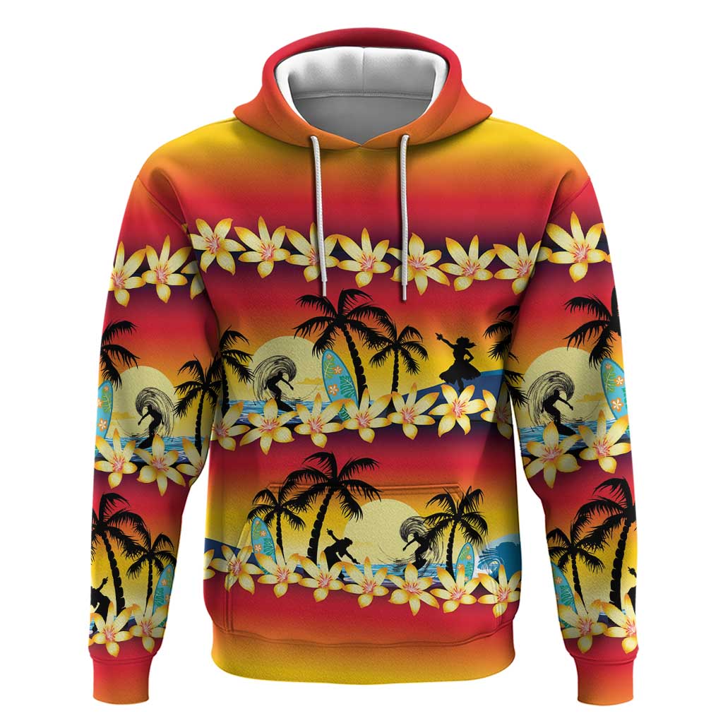 Tropical Islands Sunset Hawaii Zip Hoodie Go Surfing With Hula Girl - Summer Vibes LT14 Pullover Hoodie Red - Polynesian Pride