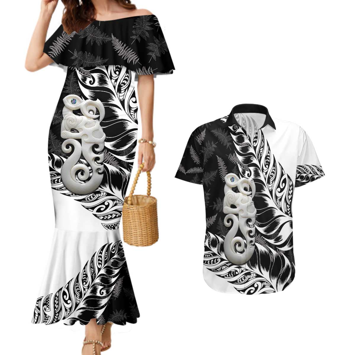 Aotearoa Manaia NZ Maori Silver Fern Couples Matching Mermaid Dress and Hawaiian Shirt